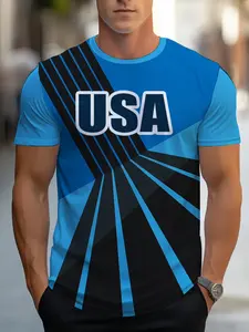 New Men's American Dynamic Striped Pattern T-Shirt, Breathable Sporty T-Shirt, Modern Casual Short Sleeve Top, Printed Logo, All Seasons