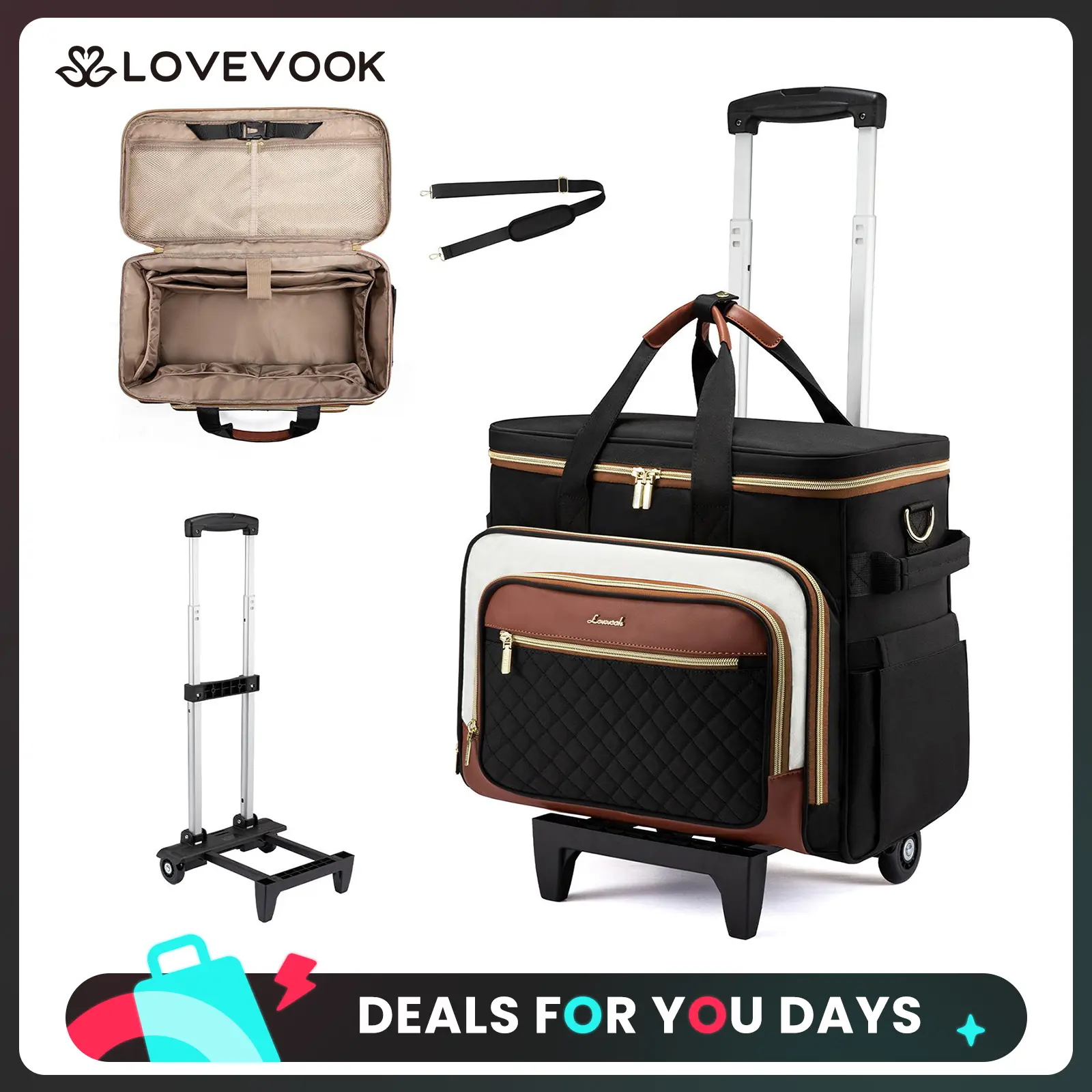 LOVEVOOK Rolling Teacher Bag with Detachable Dolly and Laptop Compartment, Large Rolling Tote Bag fits for 17.3" Laptop for Teacher Office Work Craft Nurse, Quilted-Black-beige-brown Tiktokshopstockup
