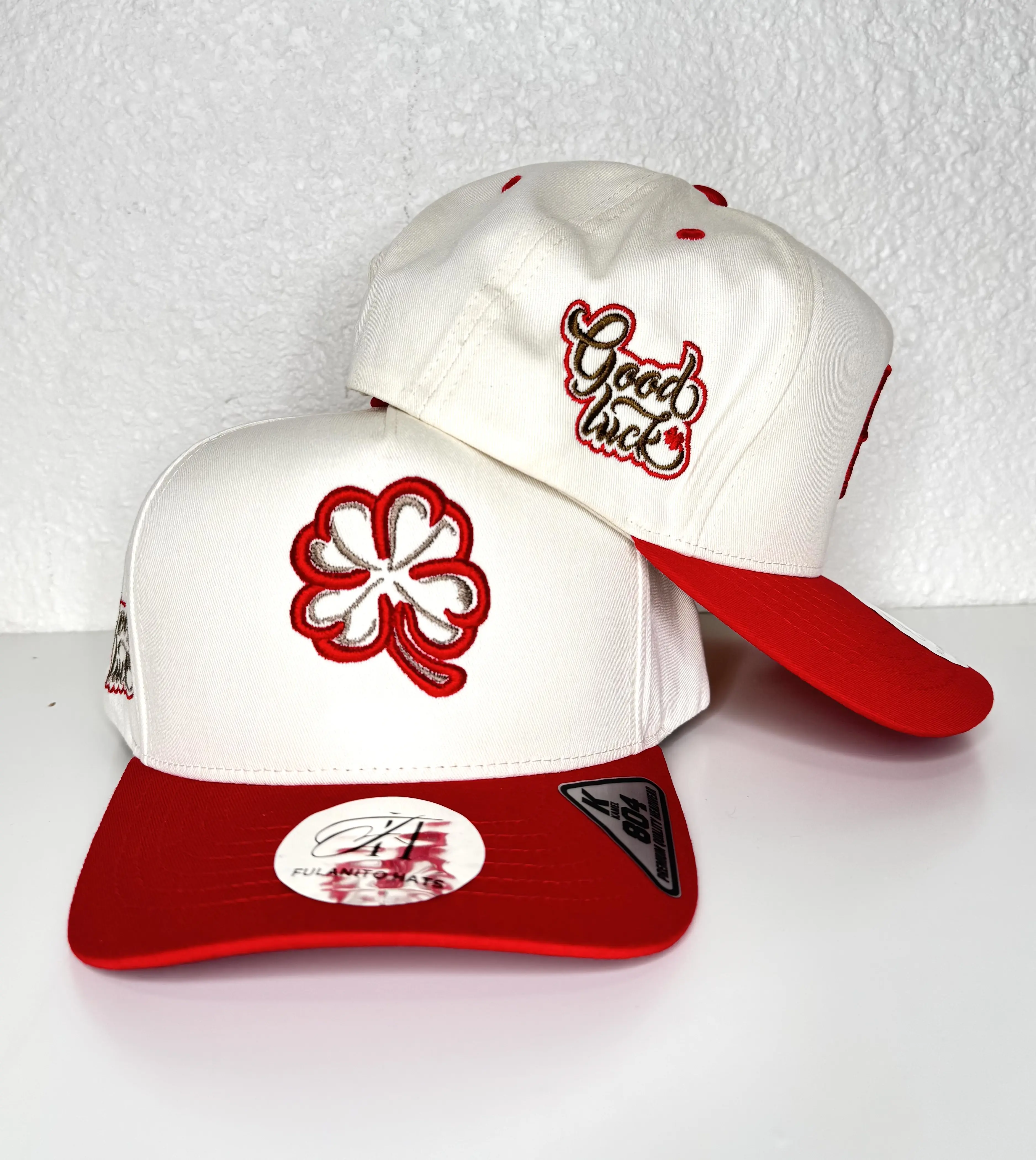 Good Luck White Hat - Red/Pink Embroidered
