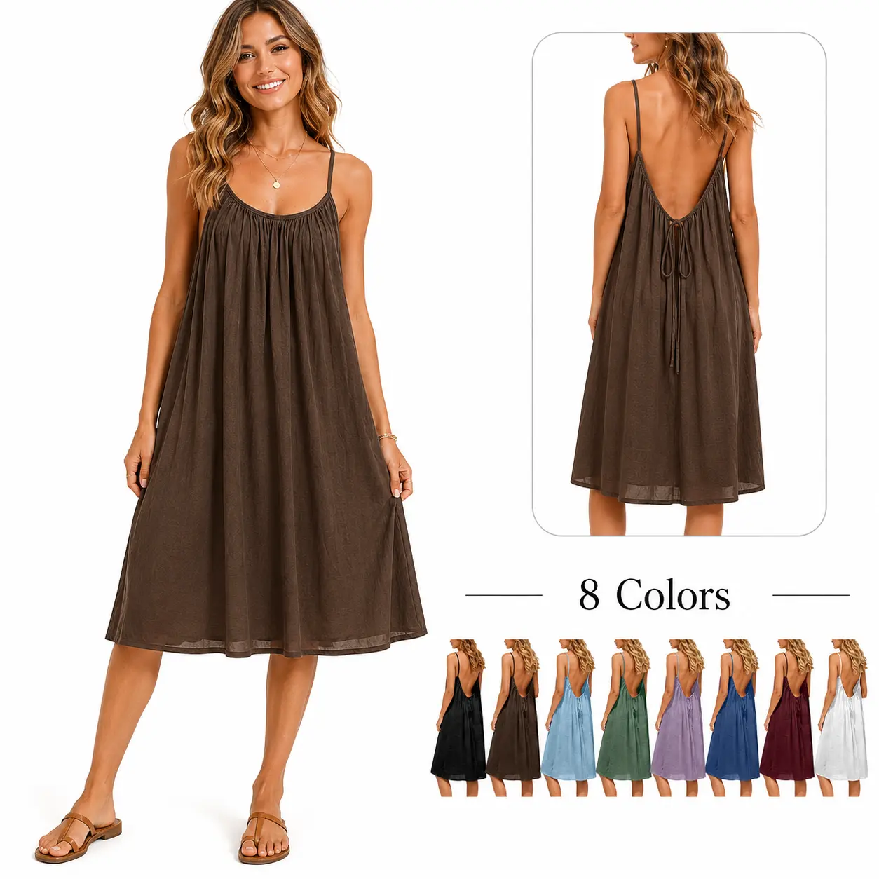 Women's Open-Back Cami Dress, Tie-Back Sleeveless Knee-Length Sundress for Summer, Beach & Lounge