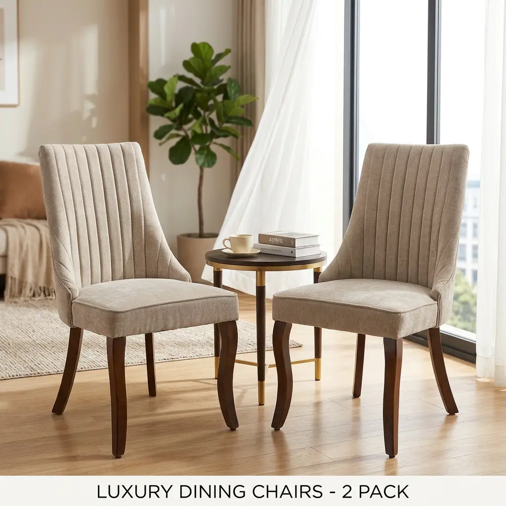 2-Pack Modern Beige Velvet Dining Chairs - Ergonomic Fixed Back Armless Accent Seats, Durable Solid Wood Legs, Foam Upholstery, Quick Easy Assembly for Kitchen & Dining Room Indoor Furniture