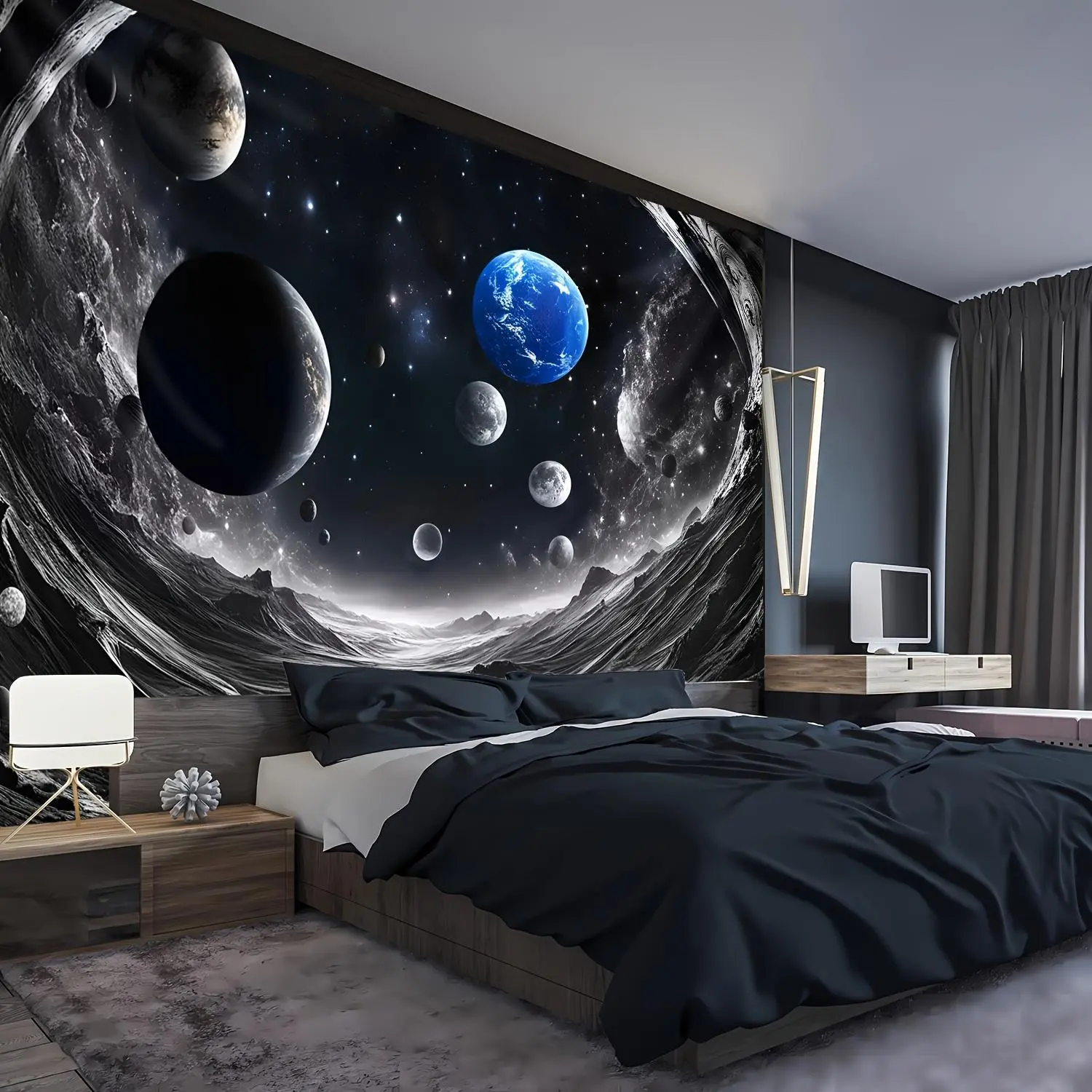 1pc Ultra Large Size Spectacular Planet Sea Wave Photo Background Cloth Wall Hanging Large Size Polyester Tapestry for Living Room Bedroom Office Home Room Party Decoration Live Streaming Background Tapestry with Free Hanging Clips Gift