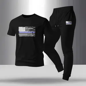 Men's American Flag print T-shirt and drawstring belt sweatpants two-piece set, regular fit crew neck short-sleeved T-shirt and jogging pants, summer casual top and sweatpants.