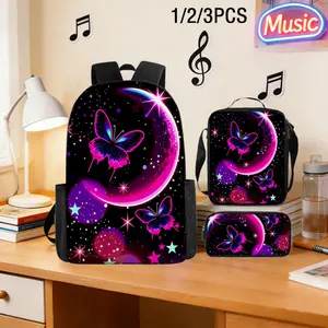 1pc/2pcs/3pcs Purple-Black Moon Butterfly Backpack Set, Butterfly Dream Galaxy Theme, Dreamy Style Design, Suitable for Commuting, School, And Daily Use, Large Capacity Backpack, Perfect Gift