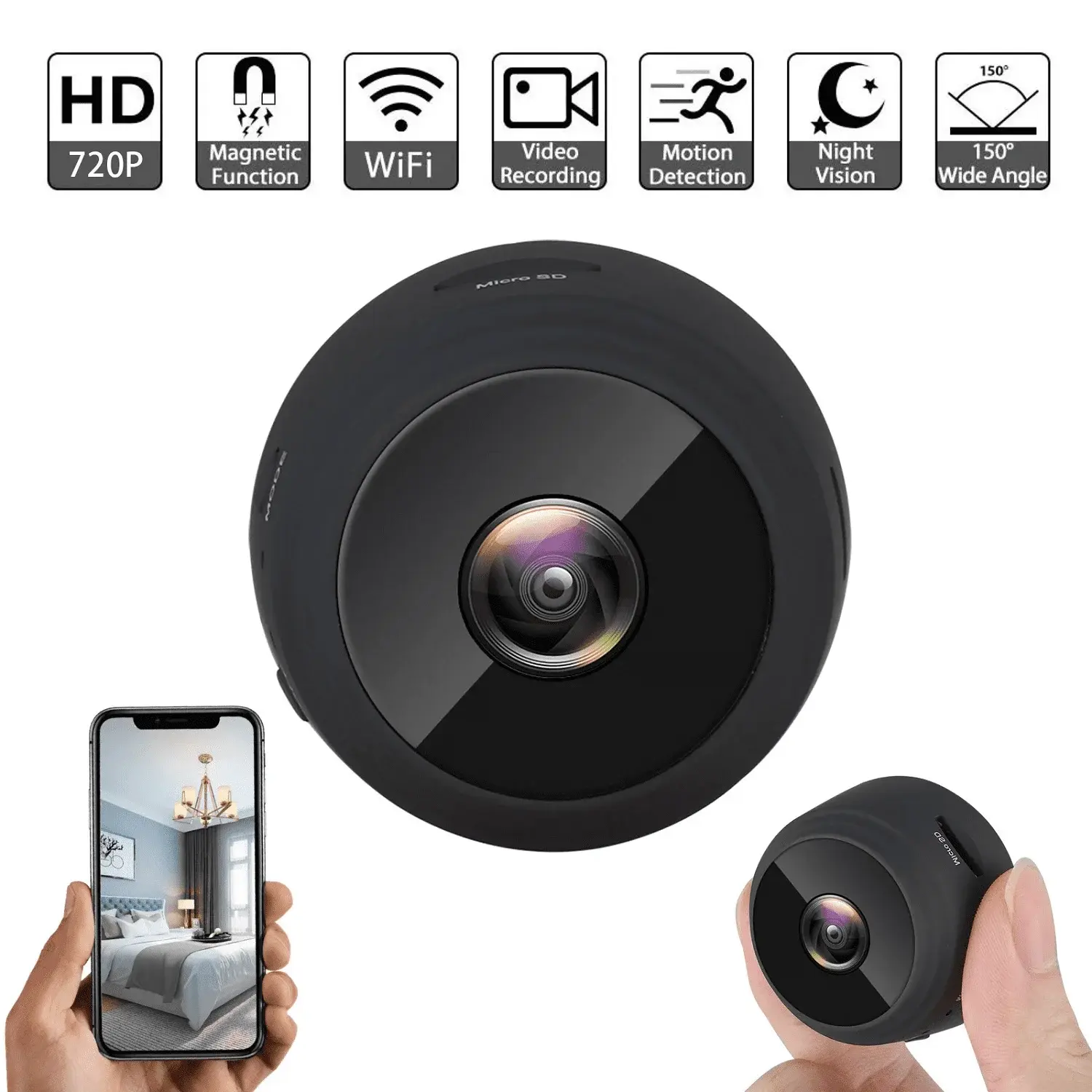 SZDUDU Mini Wireless Security Camera, Full HD 720P Portable Small HD Nanny Cam with Night Vision, Video Record and Motion Detection for Home Car Drone Office and Outdoor Use Adakot