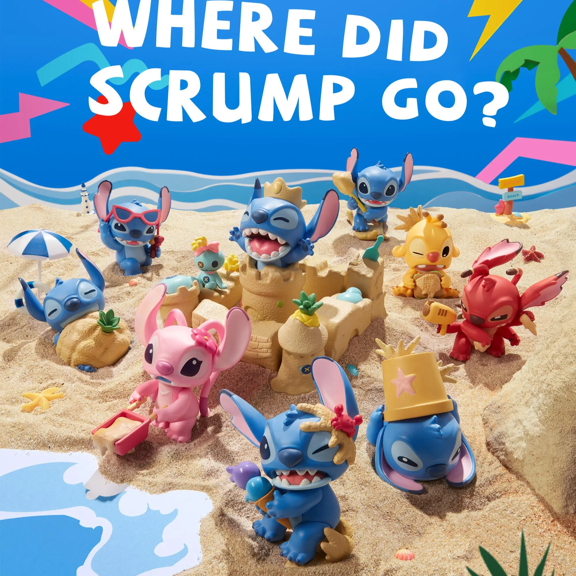 Disney Stitch Where Did Scrump Go Series Blind Box Figures Cute Stitch-626 Angel-624 Reuben-625 Leroy-627 Decor Sandcastle Style Holiday Gift for Couple Girls Boys