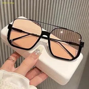 Oversized Unisex Sports Sunglasses, Retro Square Cat Eye Shades with Double-Bridge Metal Frame, UV Protection Yellow Tint Night Driving Glasses for Travel, Streetwear, Outdoor Sports & Daily Wear
