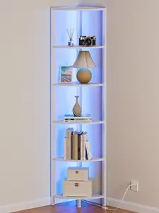 6 Tier Corner Shelf with LED Light, 67.5” Tall Standing Shelf Organizer, White Narrow Bookshelf with Storage Rack for Wall Corner, Living Room