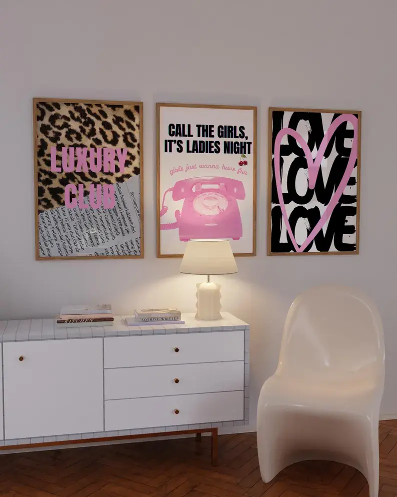 Set of 3 Digital Downloads – Luxury Club, Ladies Night, and Love Print in Pink & Cheetah Cute Dorm Decor, Cheetah Theme, Luxury Aesthetic