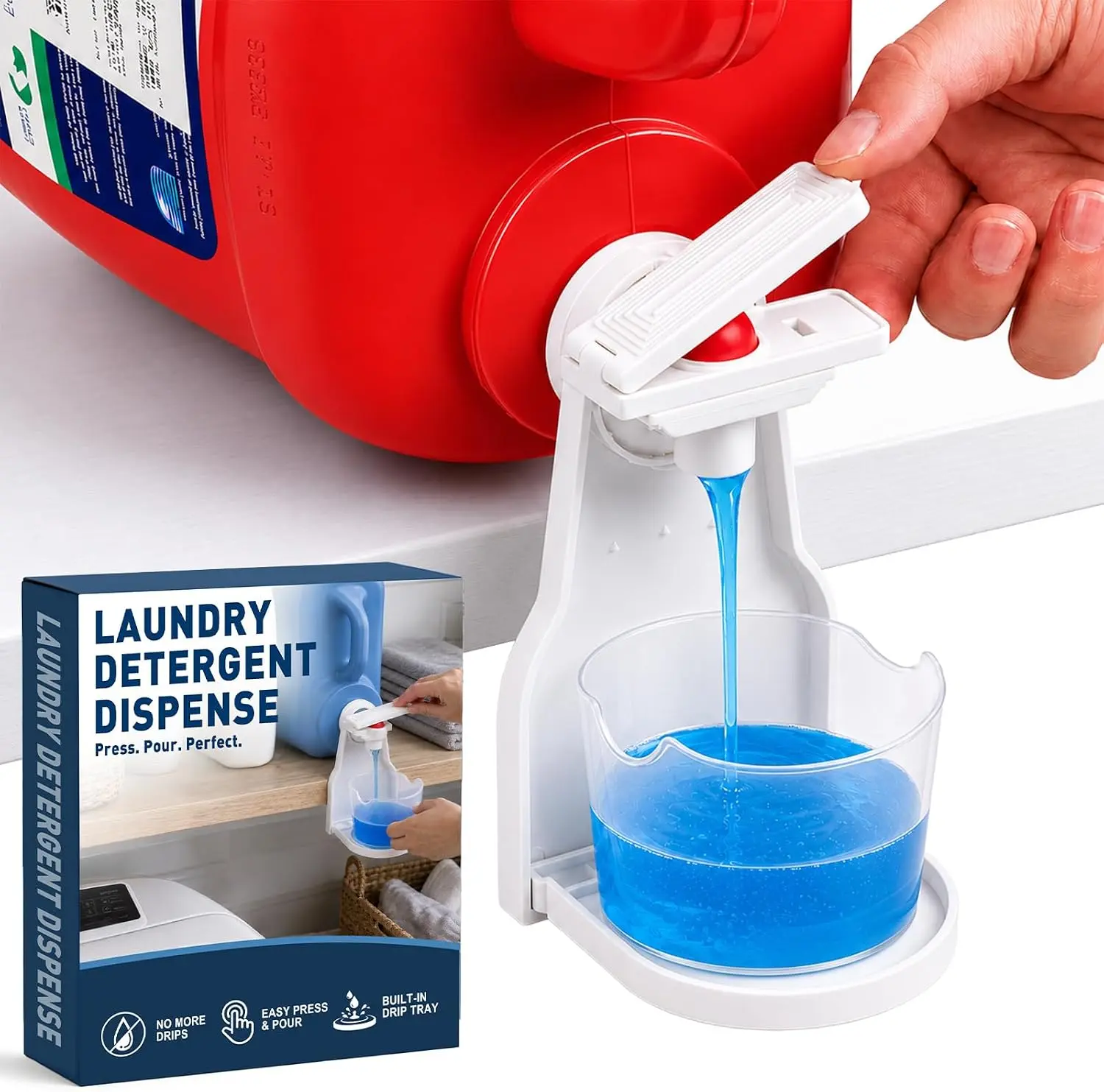 Laundry Detergent Dispenser Cup Holder, No Drip Laundry Detergent Holder with Easy Press Nozzle Switch, Laundry Cup Holder and Drip Tray for Liquid Detergent Dispenser, Laundry Room Organization
