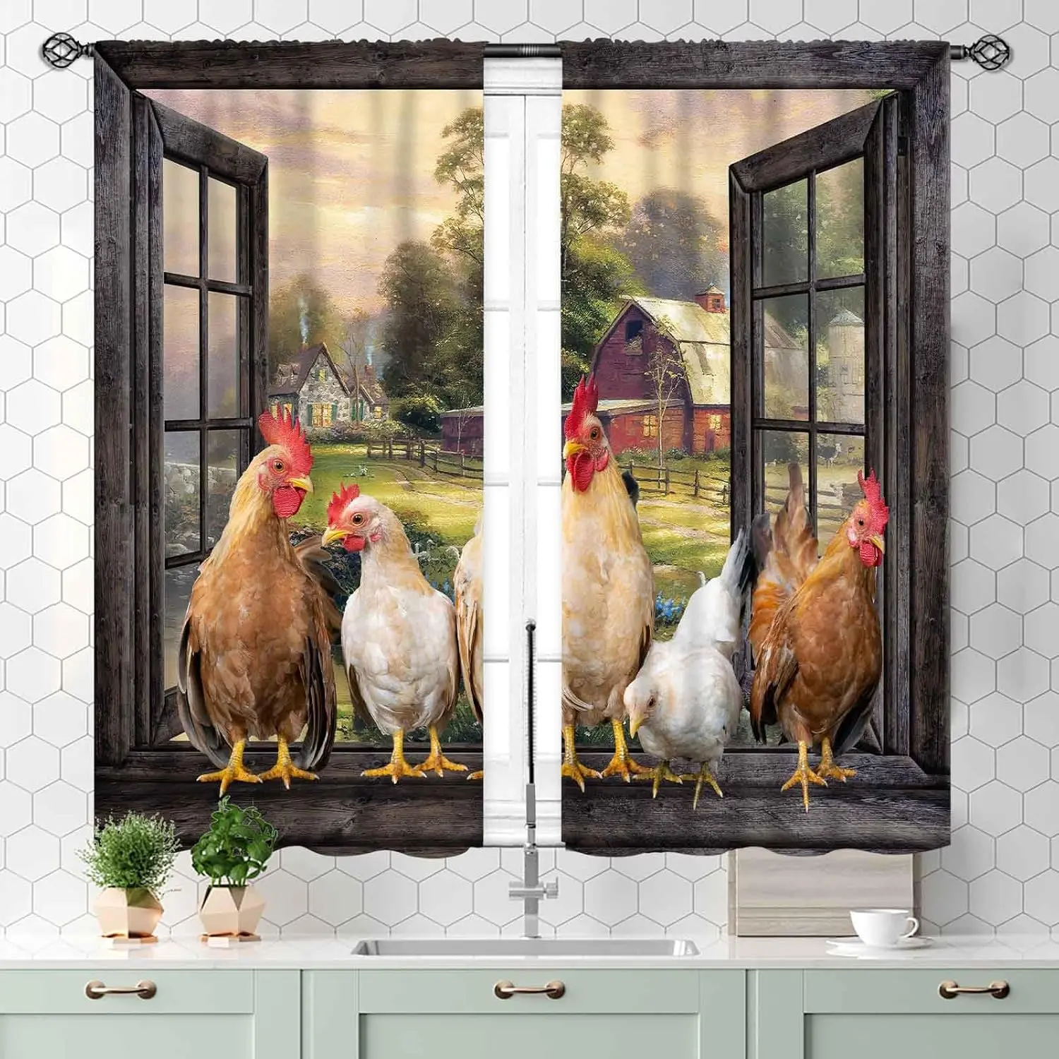 01-Farmhouse Farm Animal Rooster Blackout Curtains, 2 Panels (27.5x39 in) Polyester Fits, 50% Sunlight Blocking Fade-Resistant Vibrant Rural Printed Drapery, Machine Washable for Bedroom, Living Room, Kitchen