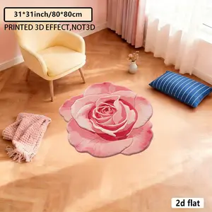 2D flat, irregularly shaped carpet with fluffy decorations in the shape of roses, a unique design for bathroom or bedside area, creative decoration, offering soft and comfortable feeling