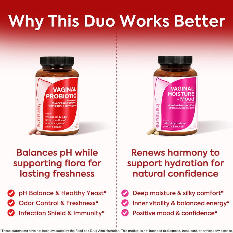 HerAuré Balanced & Moist Bundle | pH Balance, Odor Control, Stress Relief, Energy, Bliss, Relaxation, Flora Health | With 7 Billion CFU Probiotic, 7-in-1 Mushroom Blend, Prebiotic, Ashwagandha, Saffron, Maca, Slippery elm, Sea Moss ,Black Friday