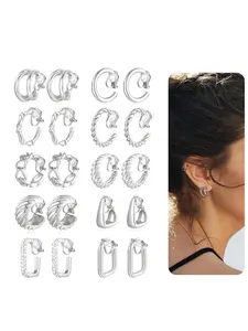 10 Pairs Clip on Hoop Earrings for Women Men Unisex Jewelry Twist Round CZ Chunky Hoop Clip Earring No Piercing Fake Earrings Sets Gold Silver Tone Glam Earrings