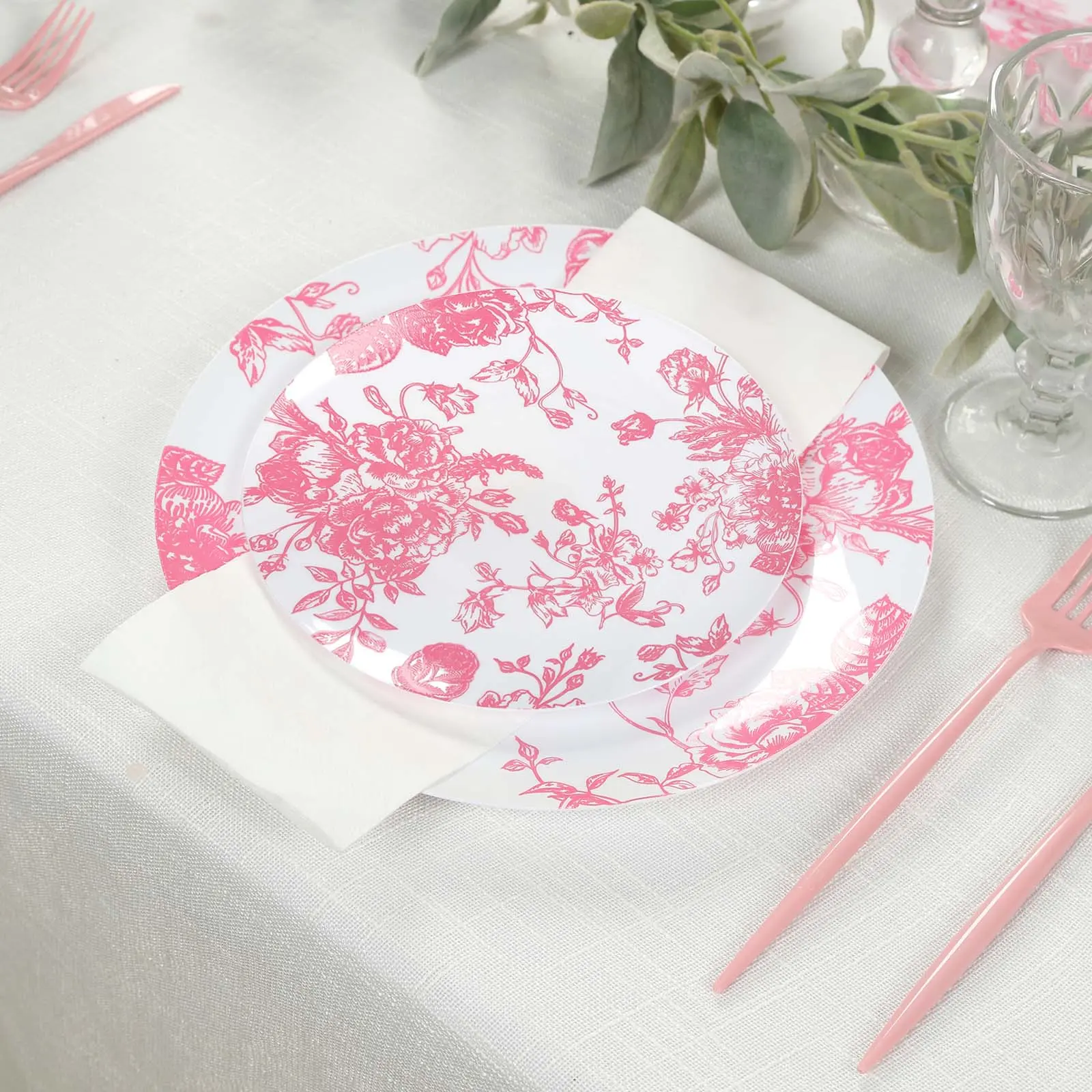 10-Pack Disposable French Toile Plastic Dessert Plates - 7" Round Pink & White Floral Disposable Dinner Plates, Festival Party Tableware for Weddings, Not Microwave or Dishwasher Safe
