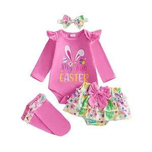 Newborn Infant Baby Girl My First Easter Outfits Letter Print Long Sleeve Romper Ruffle Shorts Headband Leg Warmers 4Pcs Clothes Set