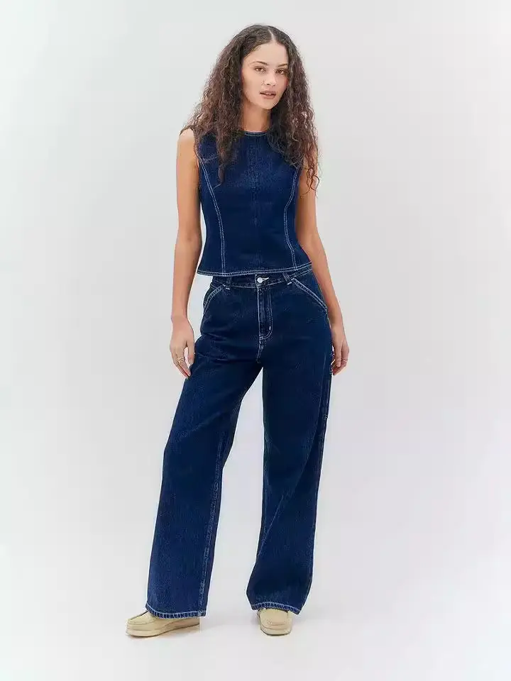 Summer Fashion Casual Sleeveless High-Waisted Women's Denim Suit