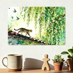 “Spring Willow & Cat Wall Art - Durable Aluminum Frame, Easy to Hang - Perfect for Home & Office Decor (20x30cm)”