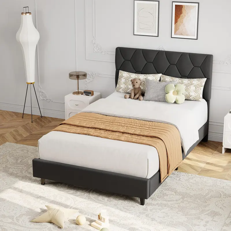 Garvee Twin Bed Frame with Headboard (75x39x39.4in, 46.96lbs), Adjustable Rectangular Diamond Blocks Upholstered Headboard, Wooden Slats Support, Silent Mattress Foundation, No Box Spring Needed, Assembly Required, Gray Modern Indoor Furniture