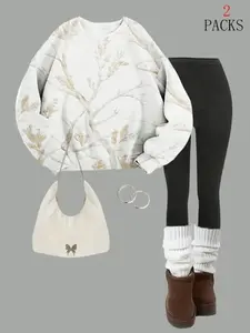 Women's Camo Crew Neck Warm Sweatshirt & Slim Fit Yoga Pants Set, Casual Loose-Fit Summer, Comfortable Daily Wear, Casual Workout Loungewear