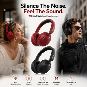 【Live】T30 Hybrid ANC Wireless Headphones, 60H Playtime Bluetooth Over Ear Headset, Hi-Res Deep Bass Sound, Soft Memory Foam Ear Cups, Built-in Mic, Foldable Design for Travel, Work, Study, Calls & Everyday Listening