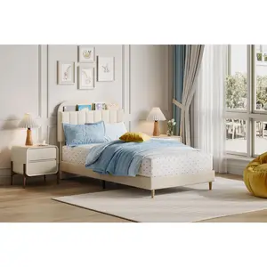 Garvee Velvet Upholstered Twin and Full Bed Frames with Storage Headboards, Wooden Slats Support, Heavy Duty Steel Legs, Noise-Free, Easy Assembly, No Box Spring Needed, Available in Beige, Blue, Cream White, Pink