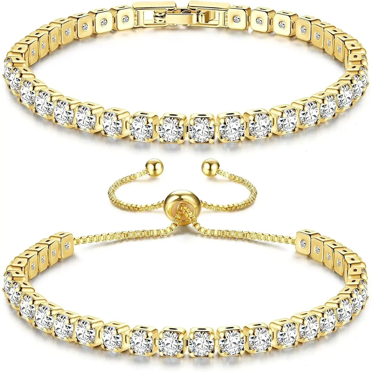 CASSIECA Cubic Zirconia Tennis Bracelet Set for Women Gold-Tone Gold Bangle 7 in (14-27cm) Adjustable Artificial Gemstone Jewelry for Daily Wear, Gifting