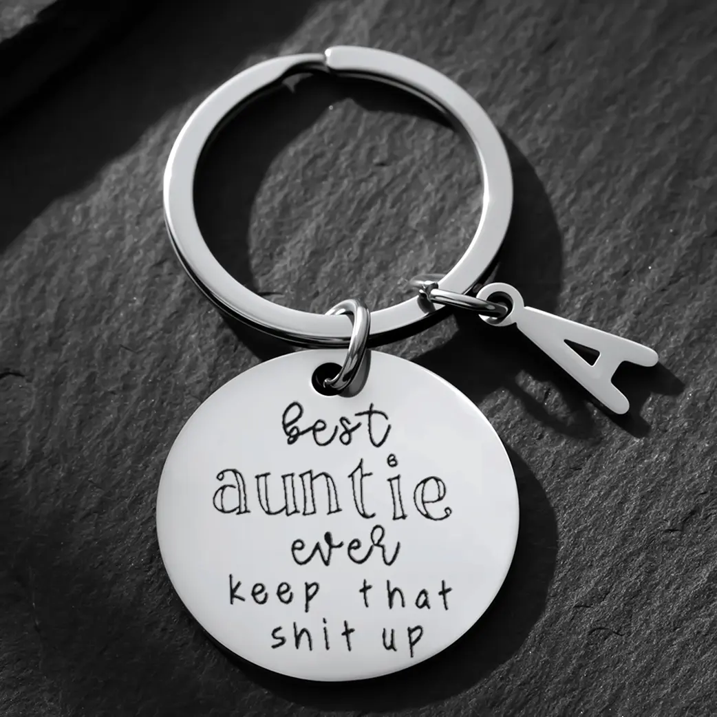 Engraved Steel Keychain for Auntie with a Polished Initial C Letter Charm, 'Best Auntie Ever' Birthday Gift Item from Niece or Nephew, Engraved Charm, Letter Pattern
