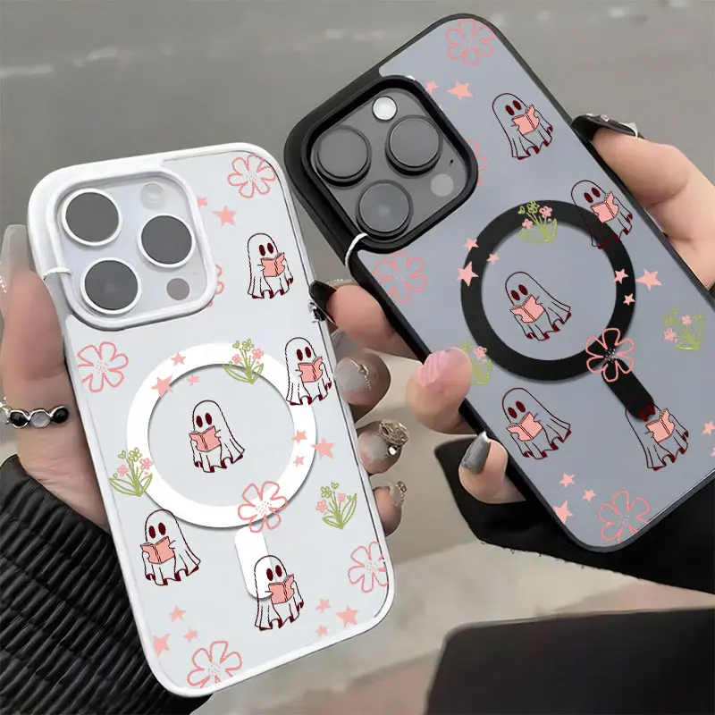 Reading Ghost And Flower Pattern Phone Case, Aesthetic Cute Style for iPhone 17 16 15 14 13 12 11 Plus Pro Max, Unique Book Lover Gift