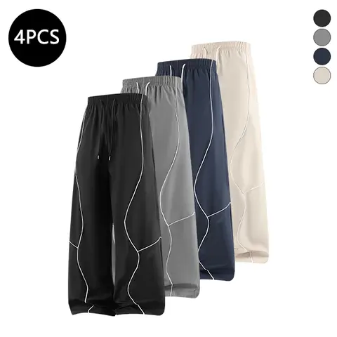 4-Pack Men’s Summer Lightweight Breathable Striped Pants – Casual Loose Fit, Versatile Sports Running Long Pants for Men