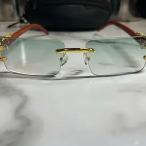 Luxury Rimless Gold Wood Grain Glasses w/ Panther Detail | Hip Hop Fashion Frames