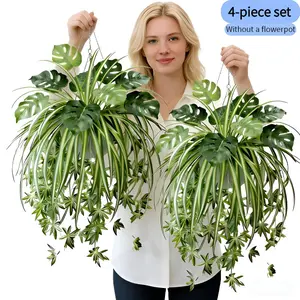 4Pcs Artificial Hanging Plants Set, Fake Spider Plant & Monstera Deliciosa, Faux Potted Greenery for Indoor Outdoor Decor, Home, Porch, Balcony, Garden, Wall, Ceiling, Wedding, Party Decoration, No Pot Included