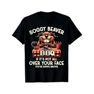 180gFun Soggy Beaver BBQ Lover Cotton T-Shirt Featuring Playful Cartoon Design
