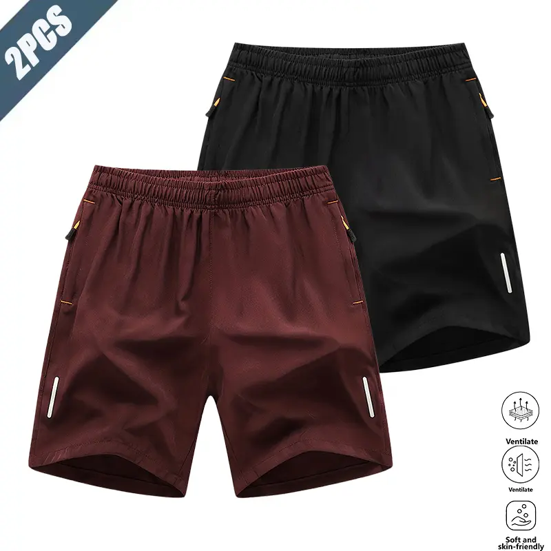 Men’s quick-dry athletic shorts, two-pack, American casual sporty style. Ice silk fabric is breathable and skin-friendly, wicks away sweat, and has zippered pockets for secure phone storage. Reflective side stripes enhance nighttime safety. Elastic drawst