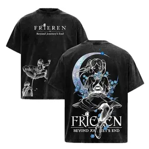 Frieren Beyond Journey’s End Menswear Apparel - Vintage Washed Heavy Cotton Oversized Classic Seamless Short-Sleeve Anime Manga Graphic Top, Retro Unisex Streetwear, Fantasy Healing Journey Japanese Anime Merch