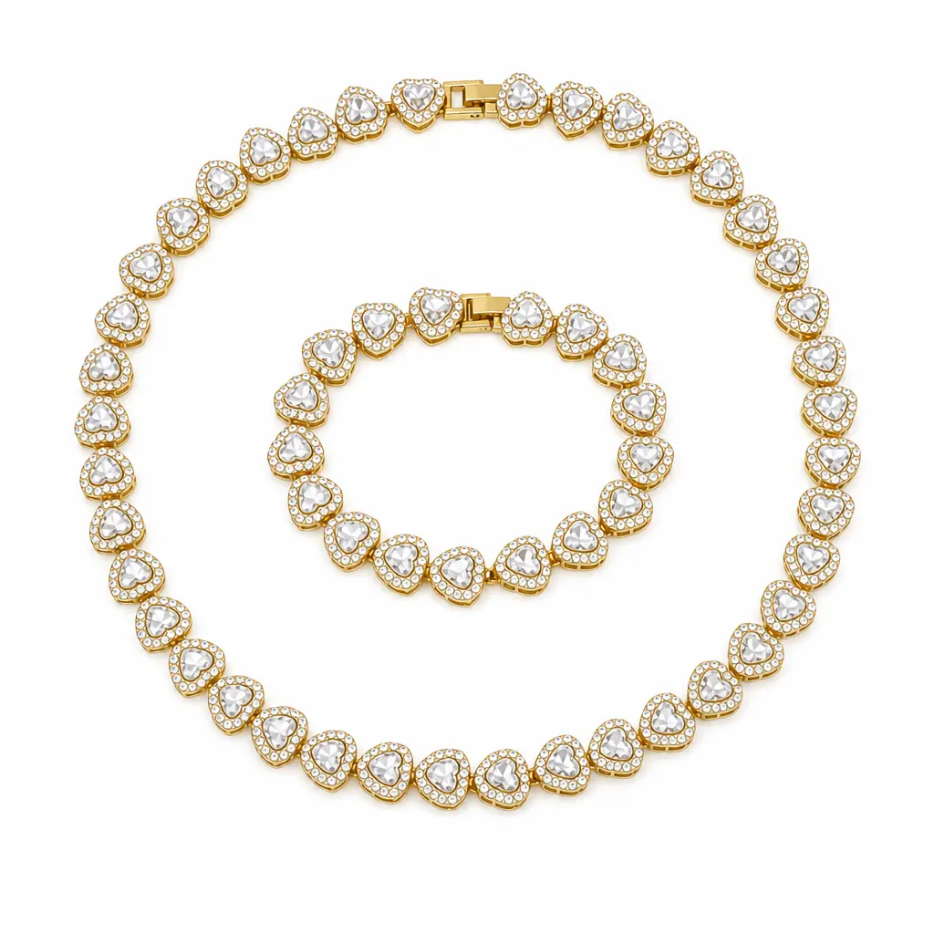 Heart-Shaped Rhinestone Tennis Chain Necklace, Clear Glass Heart Link Statement Choker in Gold or Silver Tone for Women