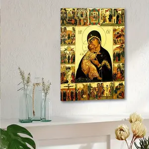 Virgin Mary Icon Canvas Art, Feast of the Life of the Virgin Mary and Jesus, Greek Orthodox Virgin Mary, Vintage Byzantine Wall Decoration, Framed Canvas, Religious Home Decor, Home Bedroom Decoration, Perfect Holiday Gift, A42242D Flat 2D Flat