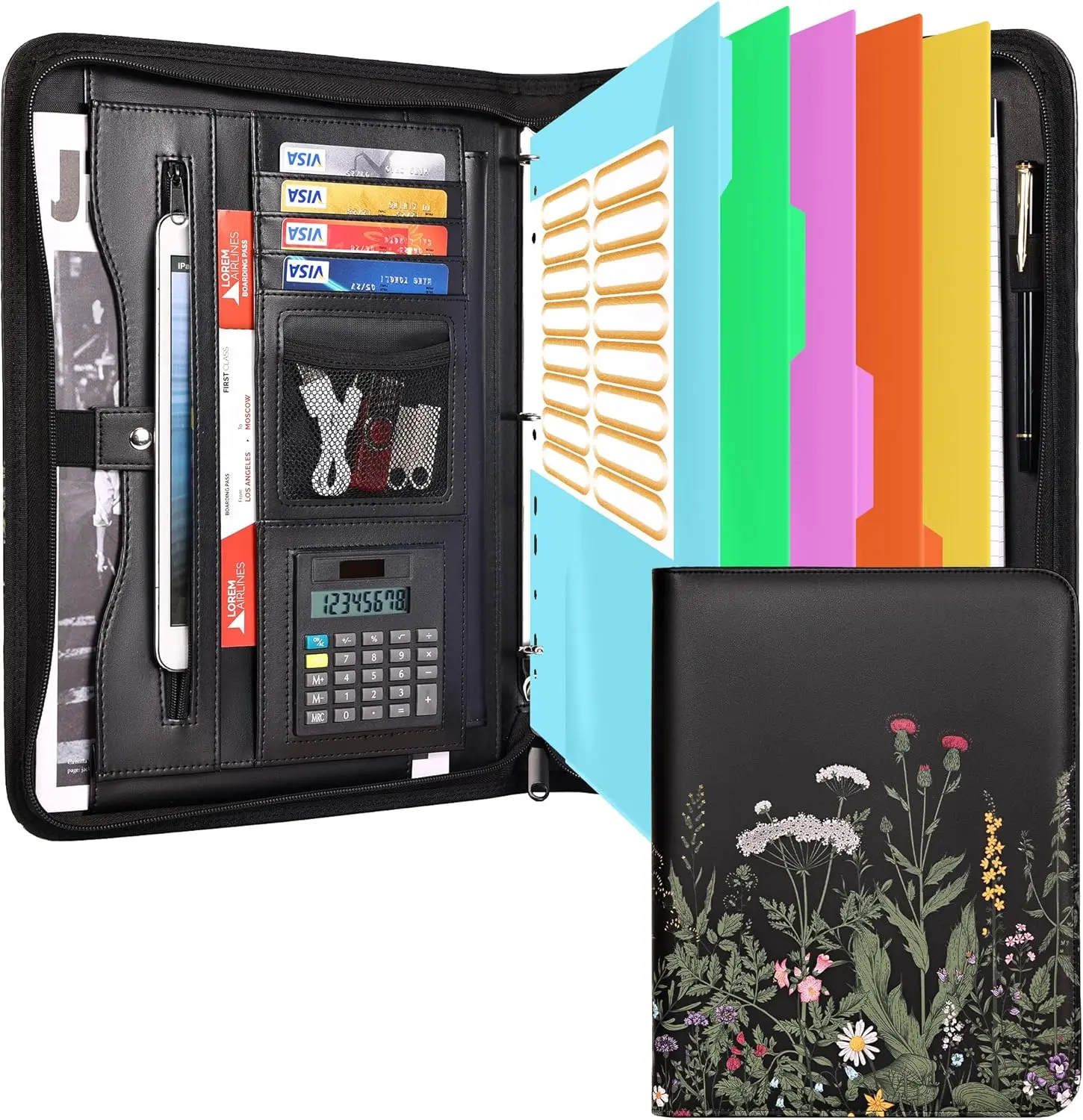 Portfolio Organizer - 3 Ring Binder with Zipper, Vegan Leather Business Padfolio Folder with Notepad Includes 5 Colorful Sheet Protectors for Documents Files for Women