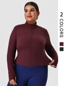Women's Plus Size Sports Top, Elastic Long Sleeve Training Gym Wear, Thumb Hole Design, Zipper Running Fitness Jacket, Zip Up Jacket, Zip Front Jacket
