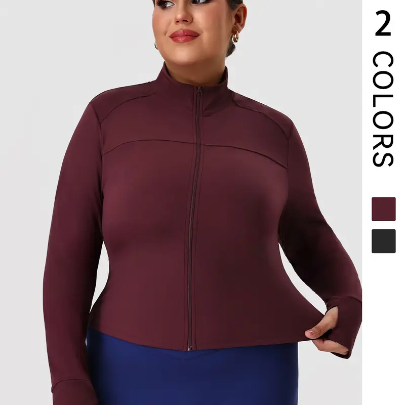 Women's Plus Size Sports Top, Elastic Long Sleeve Training Gym Wear, Sport Outerwear, Activewear, Thumb Hole Design, Zipper Running Fitness Jacket
