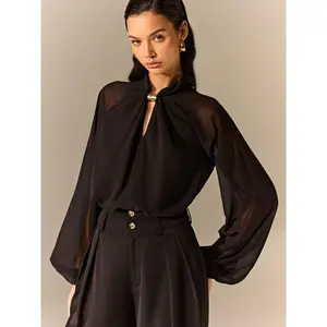 Semi-Sheer Chiffon Blouse with Neckline Metal Detail