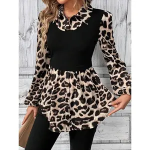 Women's Leopard Print Patchwork Colorblock Button Front Bishop Sleeve Blouse, Long Sleeve Collared Top for Spring & Fall, Women's Clothes for Daily Wear
