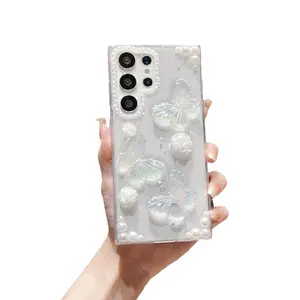 Korean three-dimensional pearl flower butterfly Samsung S25FE mobile phone case for S26ultra glitter A06 transparent A17