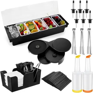 Mifoci Garnish Tray with Lid Bar Caddy 3 Tier Bar Glass Rimmer 12 Stainless Steel Classic Bottle Pourers 2 Plastic Juice Pour Bottles 1000 Count Cocktail Stirrers 3 Serving Tongs Set (6 Compartments) Mifoci