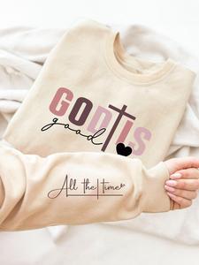 women's cross & heart & letter print round neck sweatshirt, casual pastel long sleeve pullover for daily wear, ladies summer clothes, clothes for women