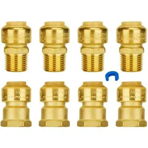 Push Pex Adapter, 4 Each 1/2 Inch Male and Female Adapter, 1/2 Inch FNPT and MNPT, No Lead Brass Plumbing Fittings for PEX Pipe, Copper, CPVC, with 1 Disconnect Clip, Pack of 8