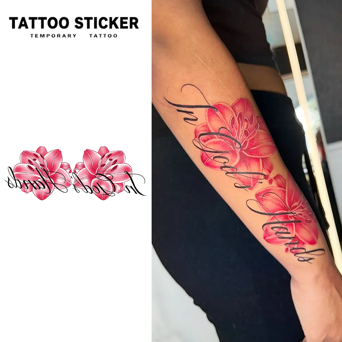 2 PCS Waterproof Sweat Resistant Vertical Red Watercolor Lily In God's Hands Script Temporary Tattoo Stickers Christian Faith Floral Quote Dainty Feminine Forearm Semi Permanent Body Art Decals For Women