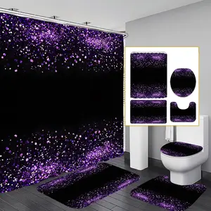 1pc/4pcs 2D Flat Purple-Pink Gradient Glitter Pattern Multi-Color Background Shower Curtain, Modern and Personalized Home Bathroom Art Decoration, Shower Curtain Set with 12 Hooks, Bathroom Non-Slip Mat, Toilet Seat Cover, Holiday Decoration