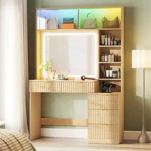 Sikaic Fluted Makeup Vanity with Sync Music LED Lights and Glass Top Mid-Century Modern Wooden Vanity Desk with Mirror, Power Outlet, Glass Cabinet, 4 Shelves and 5 Drawers