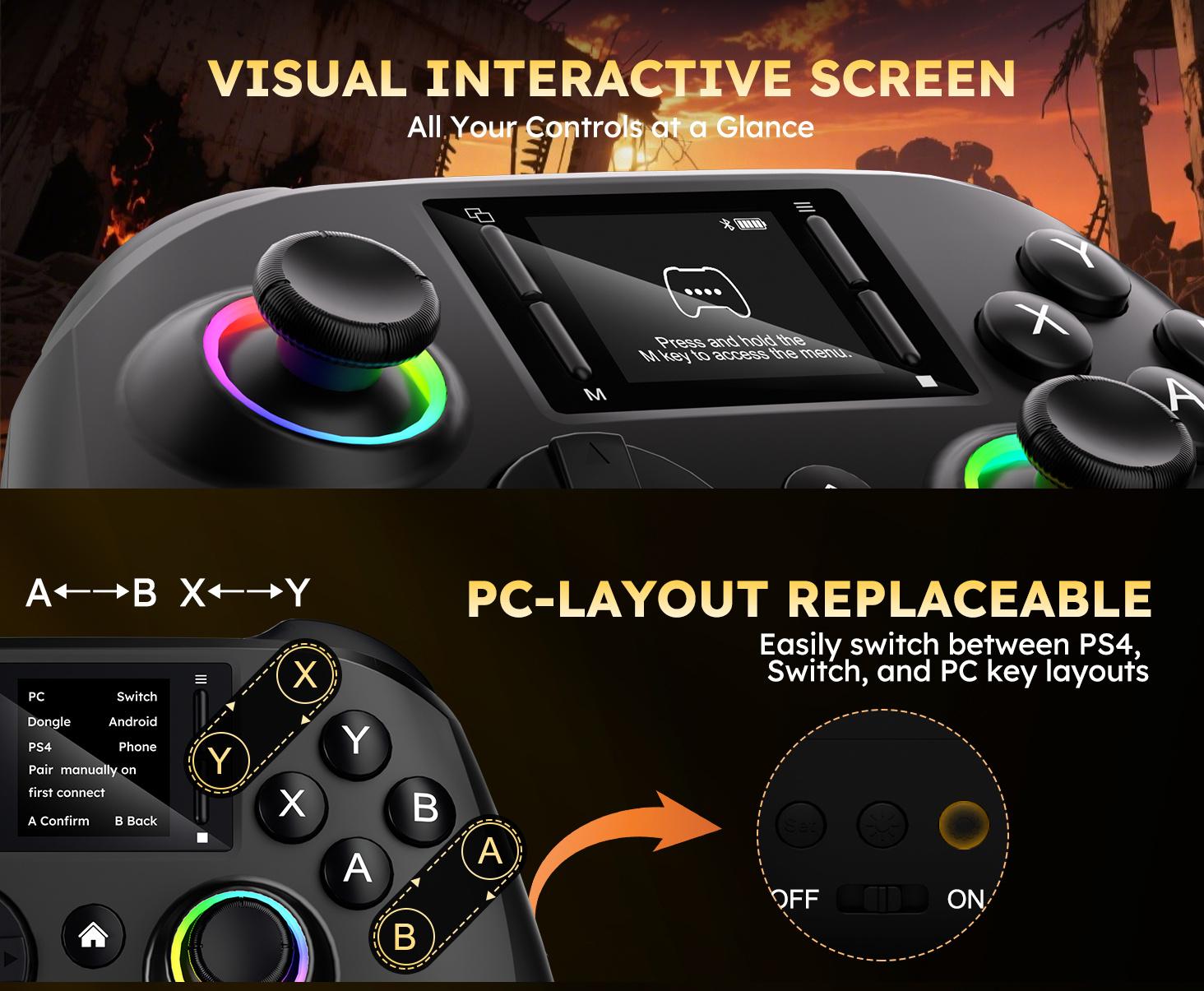 Gaming Controller with Visual Display Screen, 1000mAh Battery, Hall Effect Anti-Drift Joysticks, 4 Back Buttons, Turbo Mode, RGB Lighting, Dual Vibration & Gyro, Compatible with PC/PS4/Switch/iOS/Android, No App Needed Gaming Controller with Visual Display Screen, 1000mAh Battery, Hall Effect Anti-Drift Joysticks, 4 Back Buttons, Turbo Mode, RGB Lighting, Dual Vibration & Gyro, Compatible with PC/PS4/Switch/iOS/Android, No App Needed